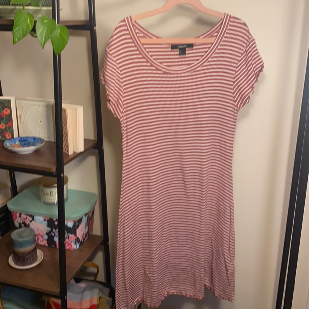 2/$10- FOREVER 21- Dress Short Sleeve Tunic Ruffle Hem Striped Stretch - Picture 3 of 7